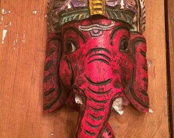 Large Hand-Carved Hand-Painted Wooden Wall Hanging Ganesh (14.5"X7")