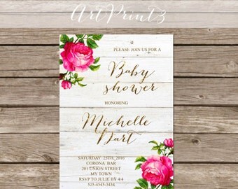Girl Baby Shower Invitation Printable, Roses Baby Shower Invitation, Rustic Baby Shower Invitation Printable,Gold Baby Shower Invitation
