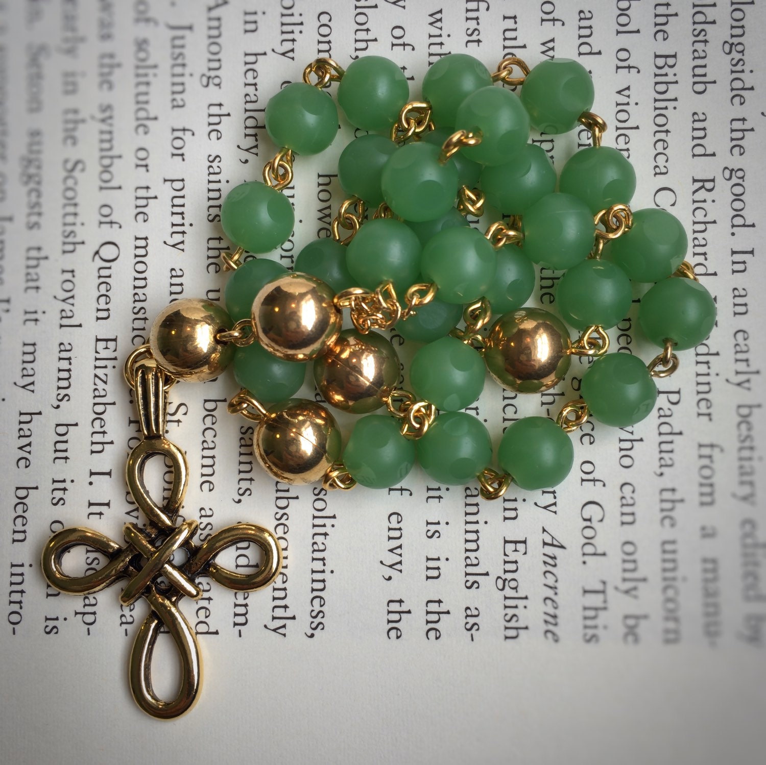 Large Anglican prayer beads / Rosary in retro green frosted