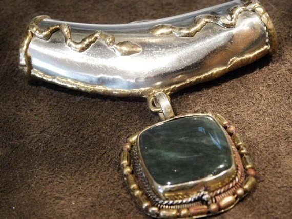 Green Moss Agate Tube Bail Pendant Slide Tribal Artisan Hand Crafted Gemstone Vintage Jewelry Snakes Egyptian Revival BOHO Hip Hipster Hippy