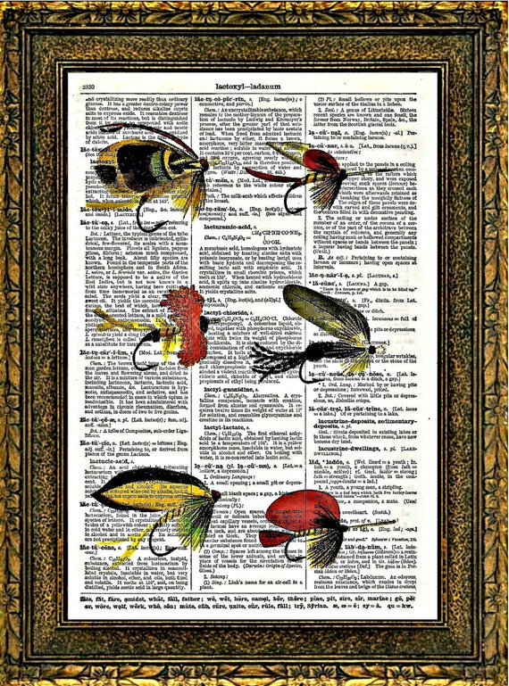 FISHING Flies from 1800's on Antique Dictionary