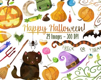 Halloween Clipart - Halloween Items Download - Instant Download - Faux Watercolor Halloween Assets
