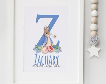 Personalised New Baby Boy/Girl Peter Rabbit Nursery Birth Name Print Keepsake Picture Christening Gift UNFRAMED