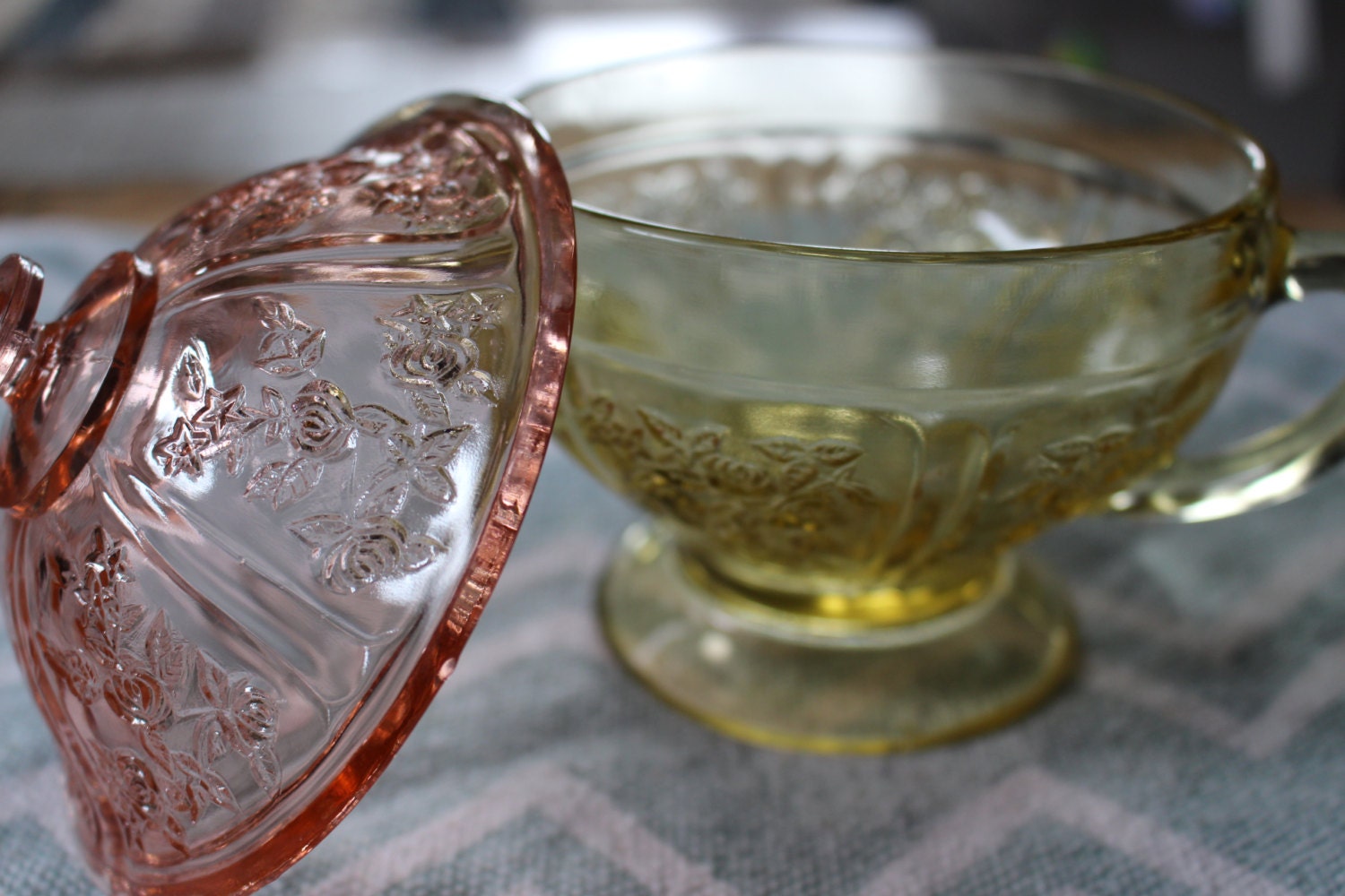 Unique Depression Glass Yellow Candy Dish With Pink/Light Red