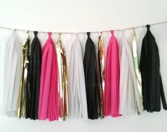 Kate Spade inspired tassel garland - black, white, fuchsia and gold tassel garland - Kate Spade inspired party