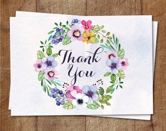 Floral Thank You Card Printable, Floral Baby Shower Thank You Cards, Shabby Chic Thank You Cards, Watercolor Floral Cards, Bridal Shower