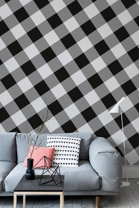 Gingham Wallpaper Customizable Black and White Adhesive