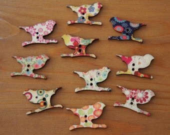 Bird and Branch Motif Wood Buttons 2 Holes - Multicolor Patterns 19mm x 28mm - Children Deco Beads Scrapbook Sewing Craft DIY