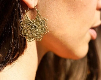 Mandala Flower Earrings, Boho Earrings, Gypsy Earrings, Brass Earrings, Indian Earrings, Bohemian Earrings, Tribal Earrings, Brass Jewelry