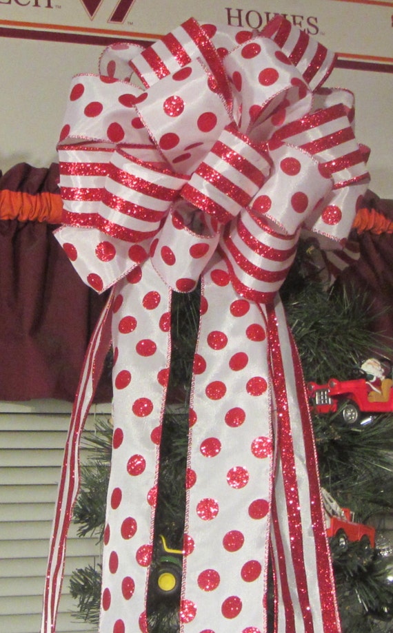 Red White Christmas Tree Topper Bow Red Polka Dot Red Stripe