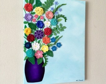 Crocheted flowers and acrylic painting canvas wall art