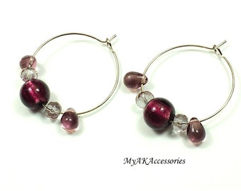 Amethyst earrings - small hoop earrings - beaded hoop earrings - boho earrings - boho earrings - casual jewelry - bohemian earrings - gift
