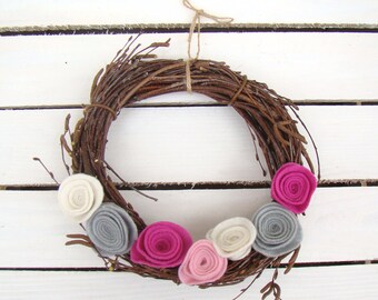 Easter wreath, felt wreath, flower wreath, Easter decoration, twig wreath, door wreath, home decor, colorful wreath, boho wreath