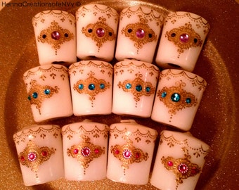 Set of 10 or 12 Glamorous Henna Candles with Jewel Tone Gemstones