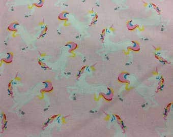 Pink rainbow unicorn fabric, white unicorn, fantasy, whimsical fabric, cotton fabric