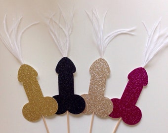 Bachelorette or Hen Party Glitter Penis Cupcake Toppers with Feathers 4" (12 qty)- Bachelorette Penis Decor, Hen Party Straws & Decor