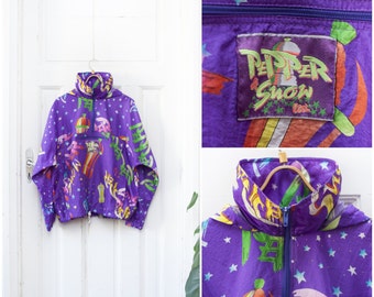 80s Windbreaker Colorful Ski Jacket Purple Anorak Neon Windbreaker Hooded 1980s Ski Jacket Neon Pullover Sports Wind Jacket Unisex M L
