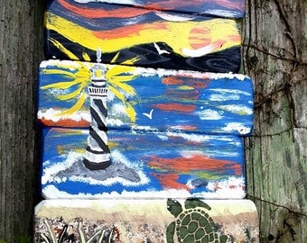 LIGHTHOUSE Sea Turtle Art By Scott D Van Osdol Coastal Nautical Reclaimed Wood Planks Light House 9-1/4x13-3/4