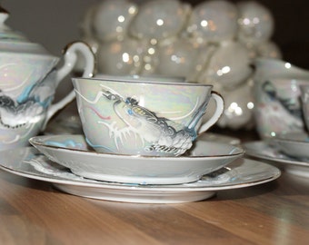 Moriage Dragonware Tea Set with Geisha Lithopanes /Japanese by Lucky