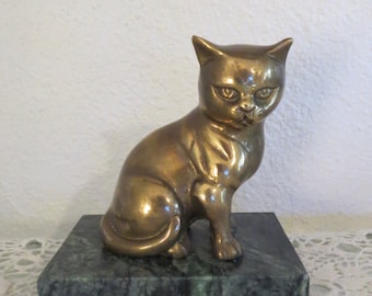Mid Century Brass Cat on Marble Base - Cat Sculpture Figurine - Paperweight