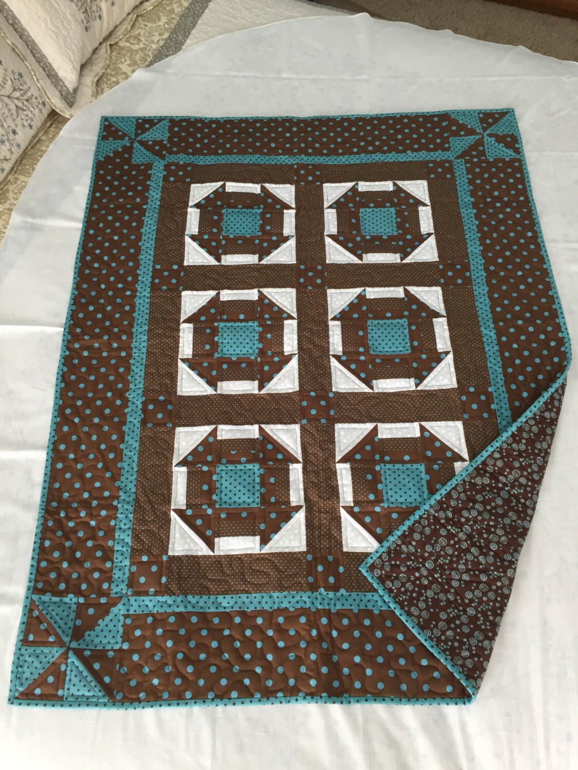 Turquoise and Brown Churn Dashed Quilt handmade quilt