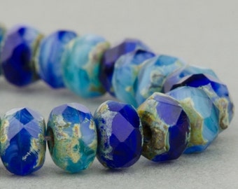 Czech Glass Beads - Czech Glass Rondelles - Dark Cobalt, White, and Blue Mix Opaque Transparent - 5x3mm - 30 Beads