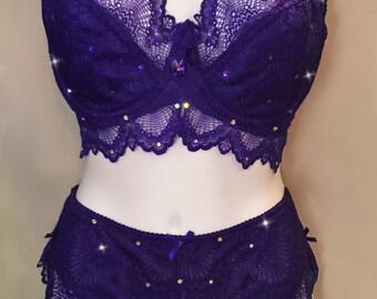 Cobalt Blue Purple Lace Swarovski Crystal Bra and Panties Set 38F