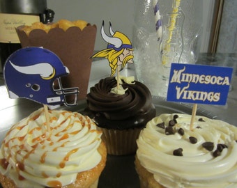 Cupcake toppers, party supplies, Minnesota Vikings, football, sports theme