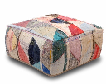 28"x28"x12" Kilim Floor Pouf Pillow Ottoman, Refashioned from a vintage Moroccan Rug, Hand Crafted Berber Women from Atlas Mountains. A015