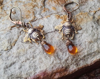 HONEY BEE Earrings, Amber Drop of Honey Earrings, Amber Glass, Bumble Bee Jewelry, Honey Bee Necklace