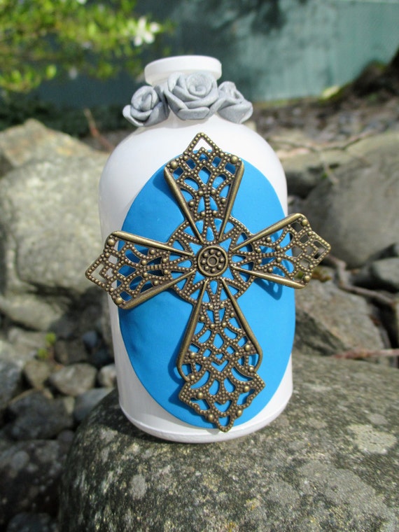 Items similar to Small flower vase with metal cross, steampunk decor on