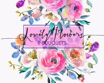 Pink Watercolor Flowers Peonies Clipart Wedding Floral Bouquets Peony Roses Clip Art Digital Florals DIY Invitation Free Commercial Use