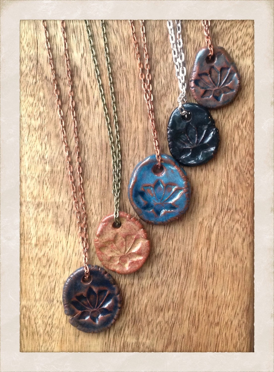 Handmade Lotus flower ceramic pendants on metal chain