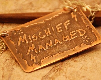 Marauder's Map Necklace-Etched Copper, Reversible Pendant, Mischief Managed, Harry Potter Pendant