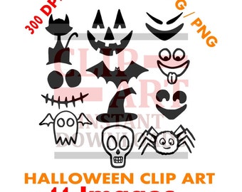 Set of 11 plain black Halloween clip art, Black Cat, Pumpkin Face, Ghost Face, Skull Face, Spider, Trick or Treat Clipart, Cute Halloween