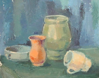 Impressionist still life cups vases vintage oil painting