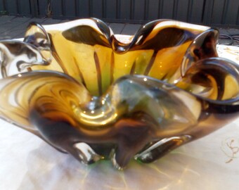 Vintage Murano Italian Glass Bowl Amber/Green