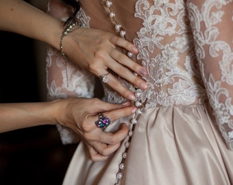 Wedding dress with sleeves Sibilla , Satin wedding dress with pockets, champagne wedding dress