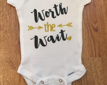 Worth the Wait Onesie, baby girl, baby shower, pregnancy announcement, coming home outfit, rainbow baby, black and gold glitter onesie