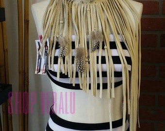 Leather fringed statement necklace