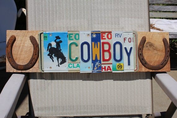 COWBOY License Tag Sign with Horse Shoes by BlackSpiderRecycled