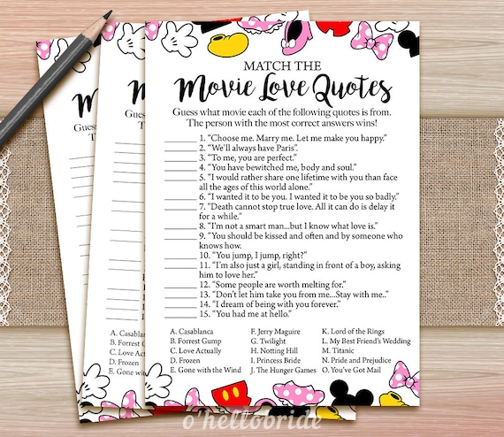 Movie Love Quote Match Game Printable Disney Bridal Shower
