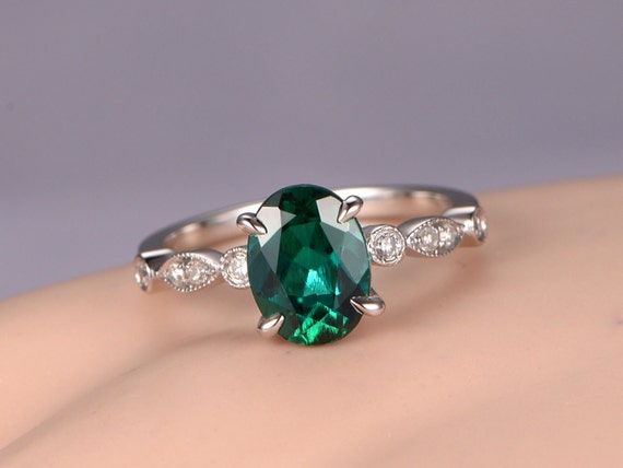 Emerald Engagement Ring 14K White Gold Oval Cut Emerald Ring