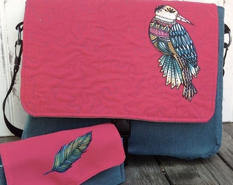 Whimsical Bird Messenger Bag and Feather Wallet Clutch Set - On Sale!