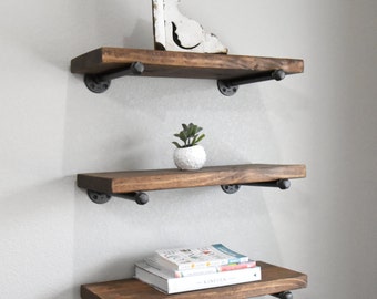 Set of 3 - 6" Farmhouse Industrial Floating Shelves Combo, Wood & Pipe Shelf, Rustic Bathroom or Kitchen Shelves