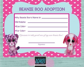 Beanie Boo Adoption Certificate 8 1/2 x 11 & 5 x7
