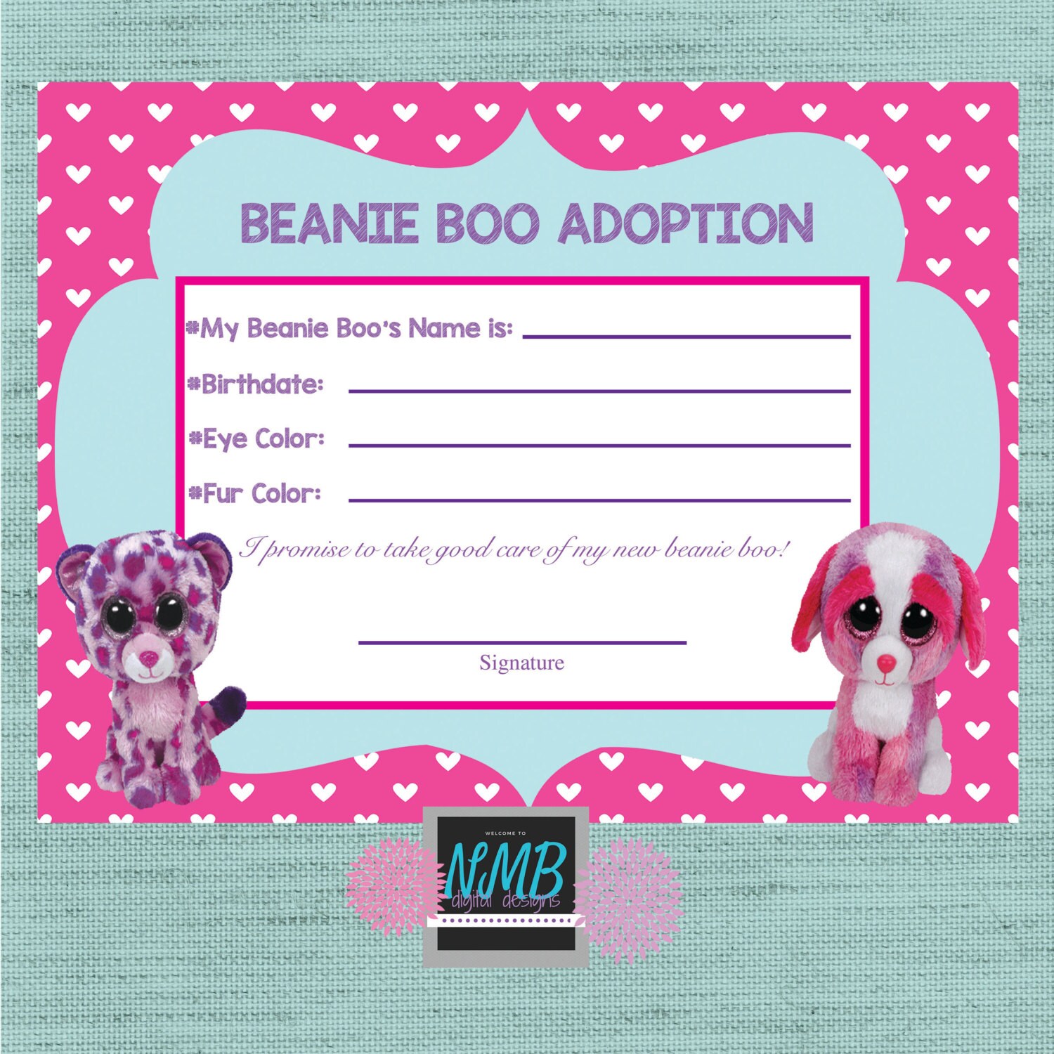 Beanie Boo Adoption Certificate 8 1/2 x 11 & 5 x7