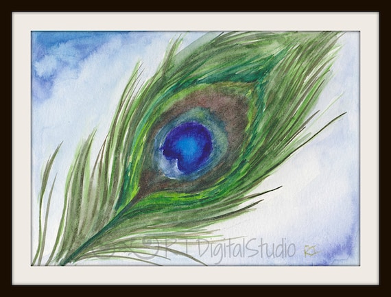 Beautiful Peacock Feather In Watercolors- Feather Illustration, Original art print, Home Decor, Nature Painting