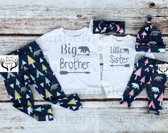 Big Brother Little Sister Outfits, Baby Girl Coming Home Outfit Set,Country Outfits,Brother Sister Shirts,Pink,Gray, Arrows,Teepees, Bears