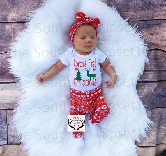 Unisex Christmas Outfit,Custom Names First Christmas,Baby, Girl Coming home outfit,Boy Coming Home Outfit,Bears,Trees,Deer,Red and White